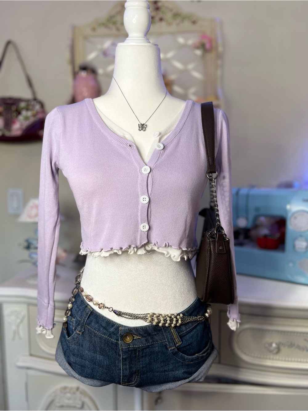 Lilac Ruffle-Trim Cropped Button Cardigan Top